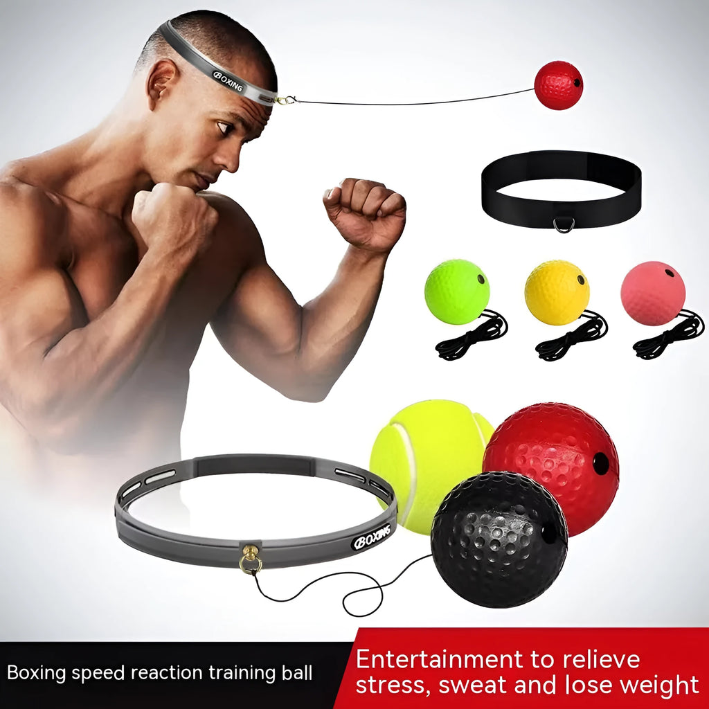 Head-mounted boxing reaction training ball with adjustable headband and choice of red, green, or yellow soft balls.
