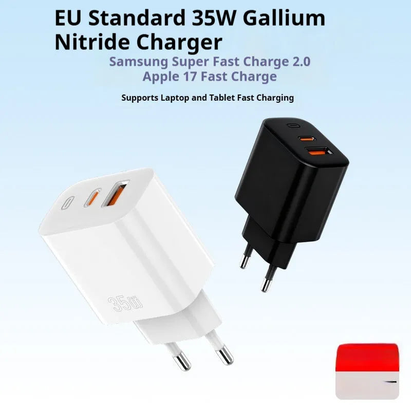 35W European standard multi-port charger with USB-A and Type-C ports, black colour, front view