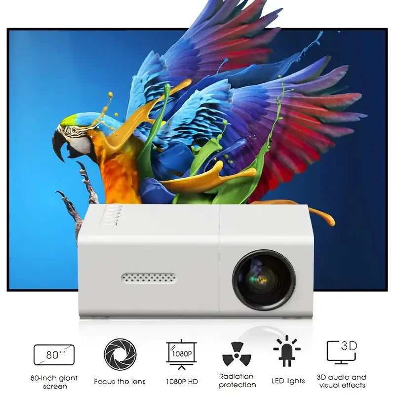 M100 mini LED projector in black or white with remote control showing 100-inch projection capability
