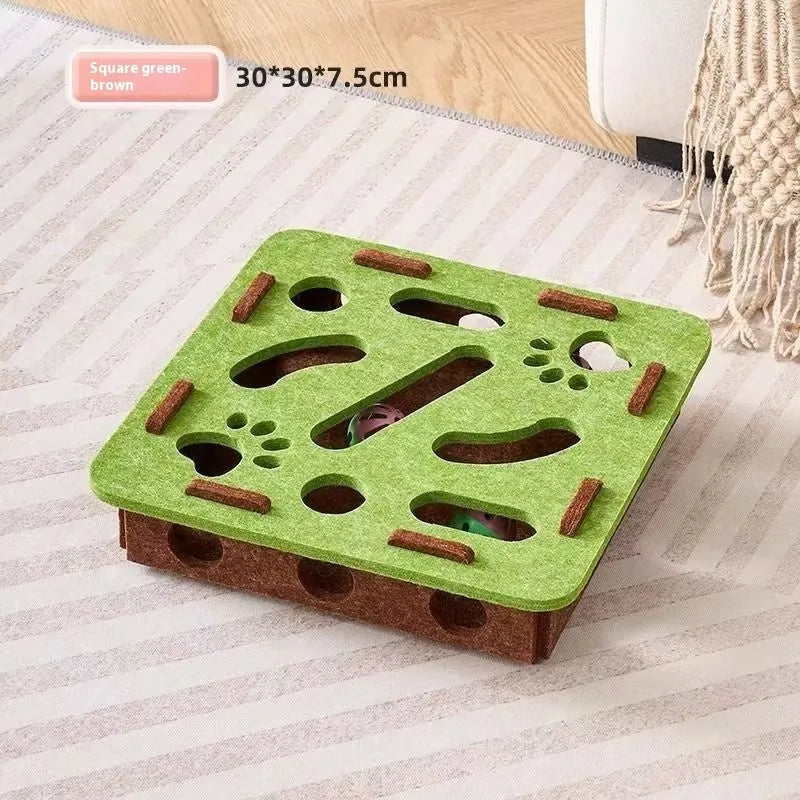 Square felt cat toy puzzle box 30cm with multiple holes in green brown colour