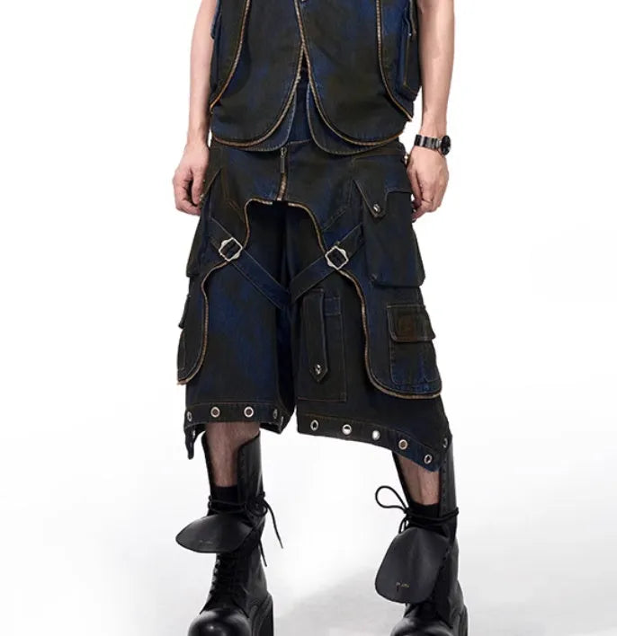 Blue hooded denim vest coat with matching trousers, men's Korean-style outfit set
