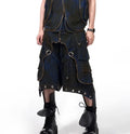 Blue hooded denim vest coat with matching trousers, men's Korean-style outfit set