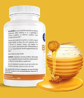 Bottle of royal jelly capsules showing 120 tablets packaging