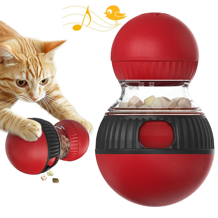 Rotating funny cat sound food dropping ball toy in super ball colour, plastic construction