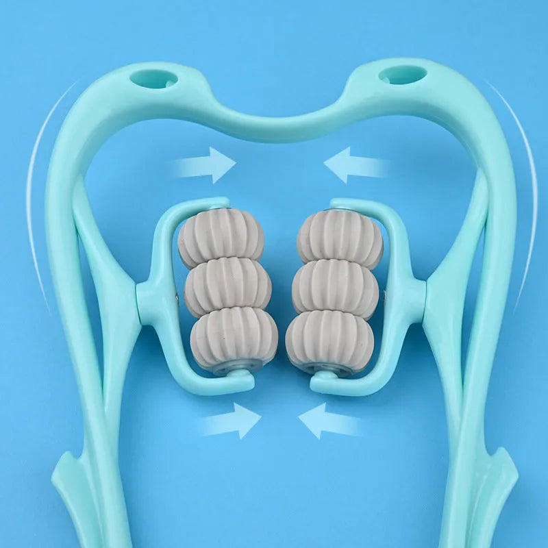 Blue plastic handheld massager with six rotating wheels for neck, shoulder and waist.