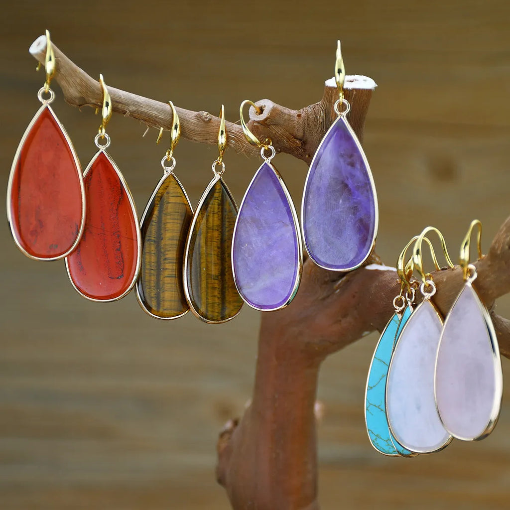 Vintage long water drop stone earrings in Tigereye, amethyst, pink crystal, Redstone and turquoise colours