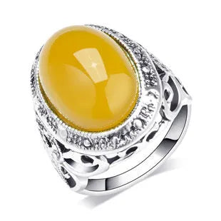 Alloy ring with antique silver amber electroplated finish and geometric retro design