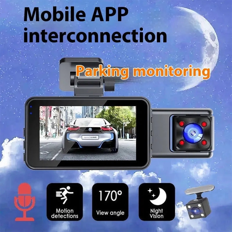Black 3 lens video driving recorder with 3.0 inch screen, 170° shooting angle, front windshield mount, car power