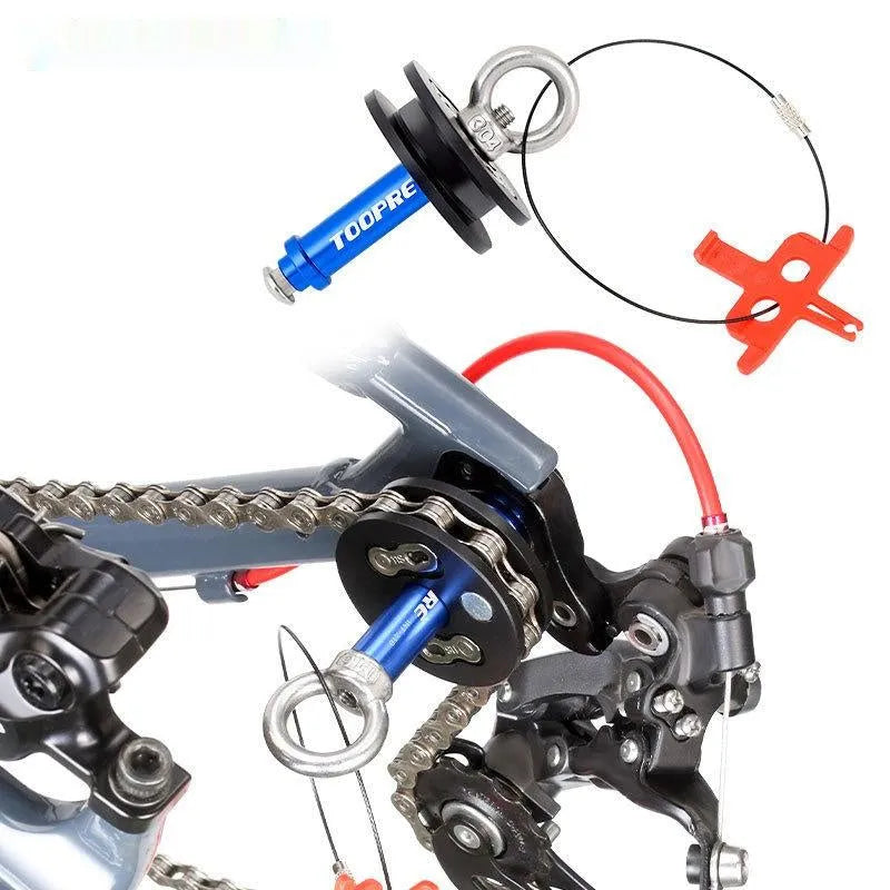 Aluminium bicycle chain holder tool showing three version options: barrel shaft, basic, and quick release.