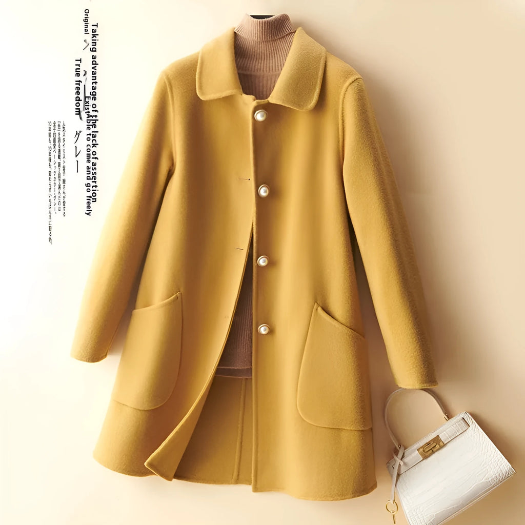 Women's wool double-faced coat with pearl buckle, mid-length, solid colour, long sleeves, black
