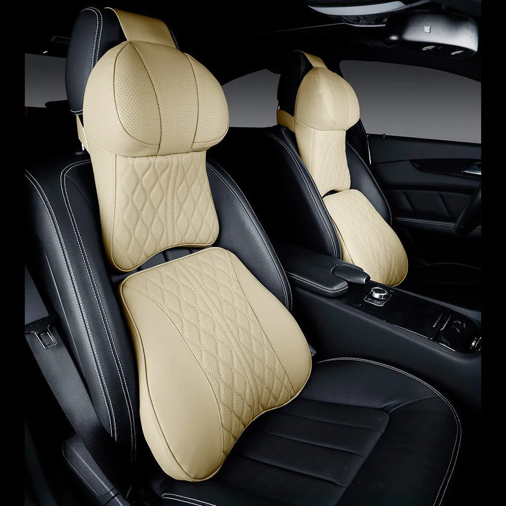 Car neck pillow and lumbar support cushion set with wavy leather embroidery pattern in beige colour