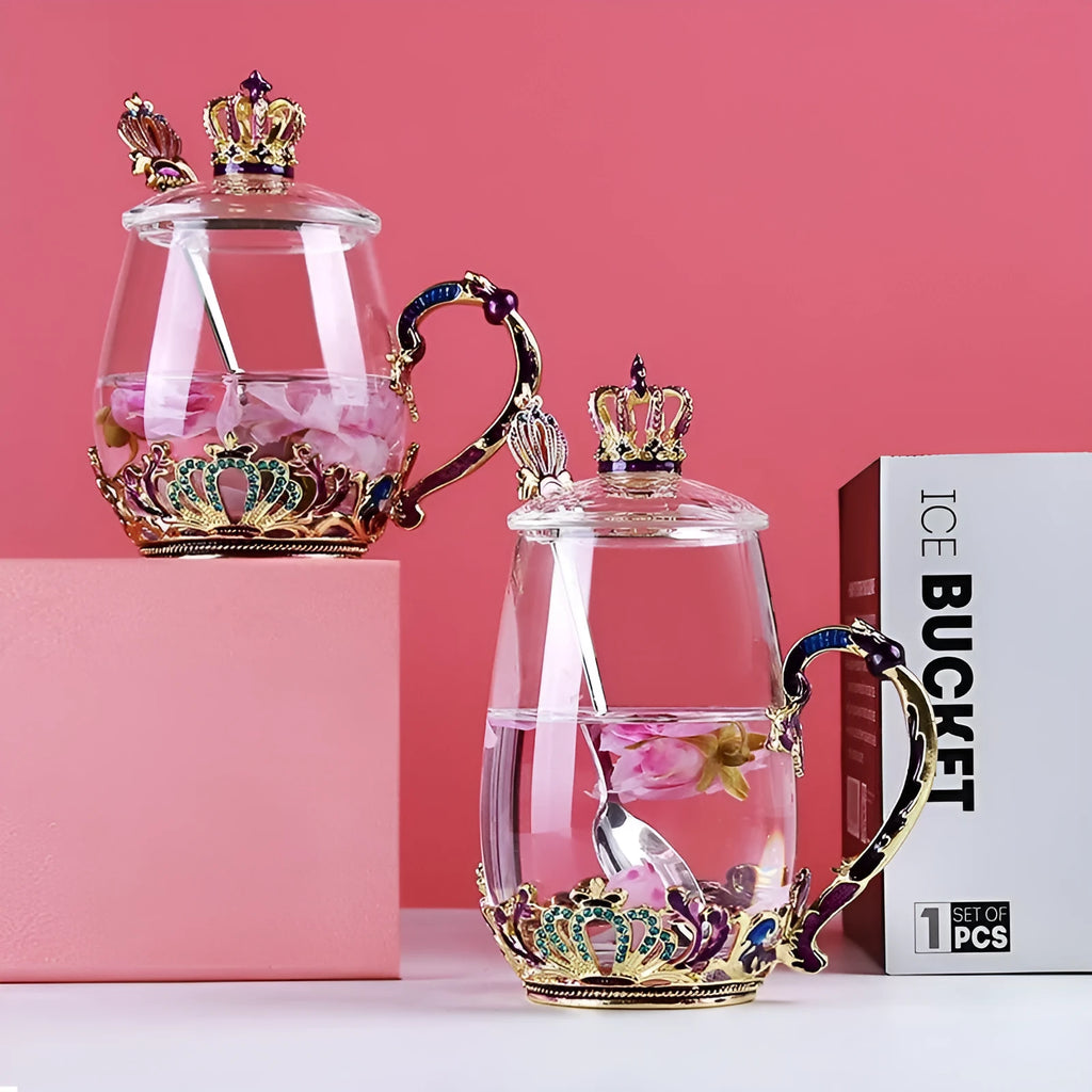 Heat-resistant glass tea cup set with enamel spoon, lid and plate in round shape, 301-400ml capacity