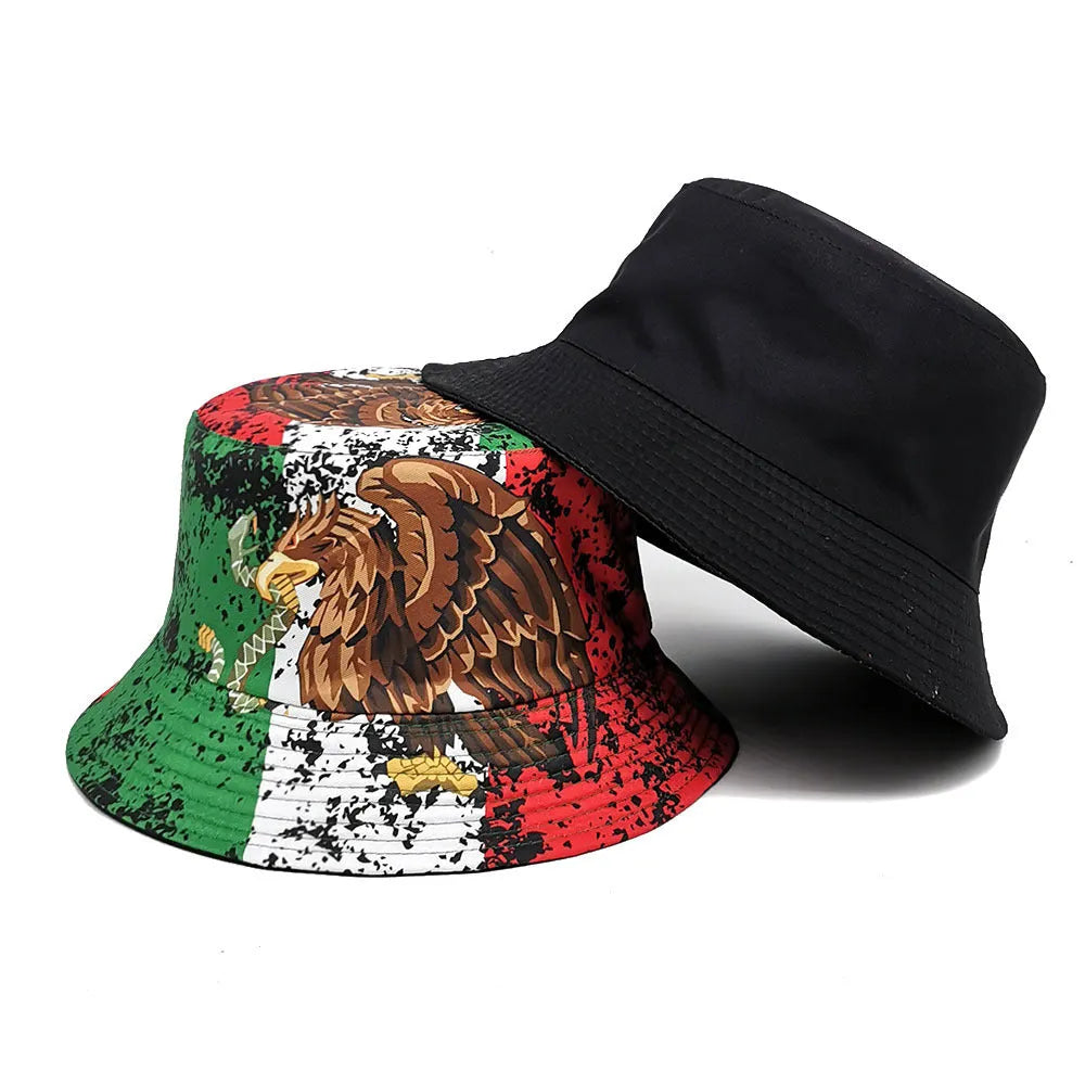 Eagle pattern polyester bucket hat with dome crown in retro style