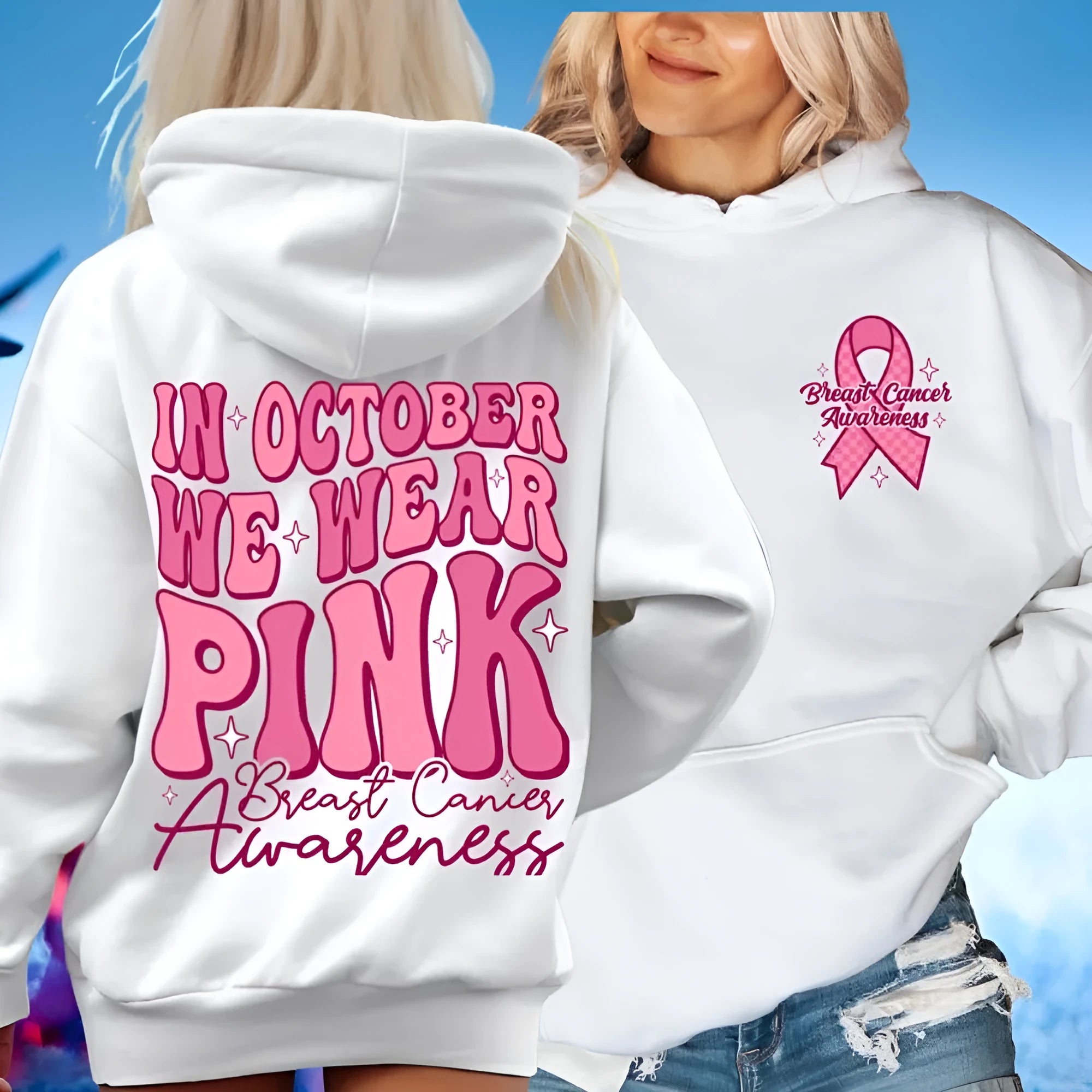 Breast Cancer Awareness hoodie sweatshirt with retro art pattern and side seam pocket
