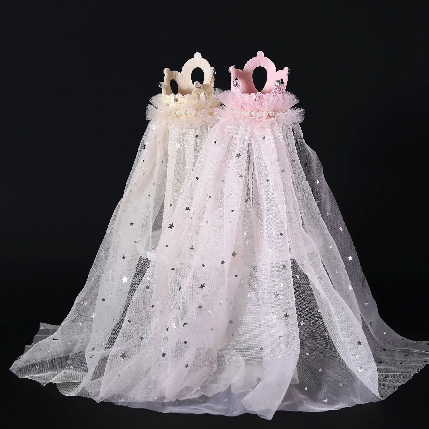 Pet princess crown headdress with beige veil on cat for wedding costume