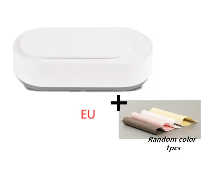 White portable ultrasonic cleaning machine with stainless steel tank and touch button.
