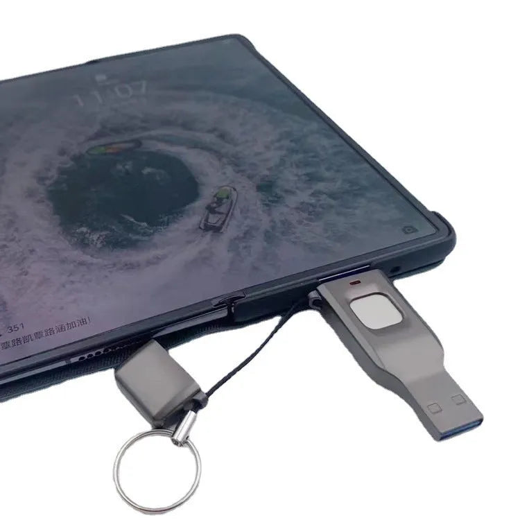 Black fingerprint encrypted USB flash drive showing both USB 3.0 and Type-C interfaces with metal casing