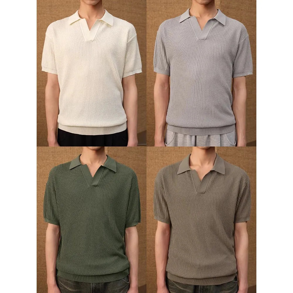 Men's striped polo shirt in ice silk breathable fabric available in creamy-white, black and grey colours