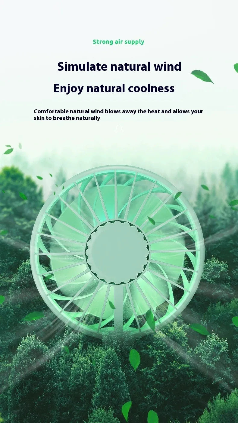 Charging mini portable halter fan with brushless motor, colourful breathing light, and three speed modes in black