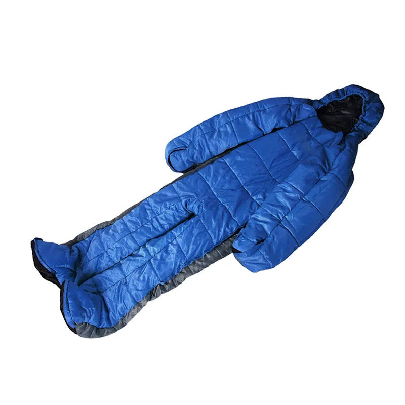 Human walking camping outdoor sleeping bag with hollow cotton fill, polyester lining, blue-grey colour, size for adults