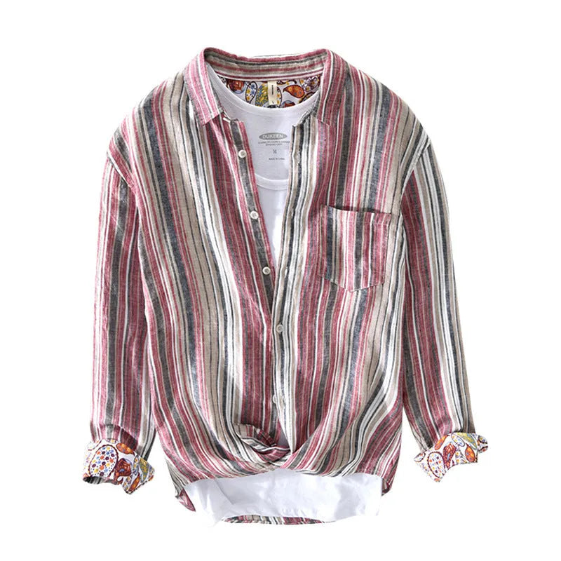 Men's gray striped linen shirt with long sleeves and loose fit on a hanger