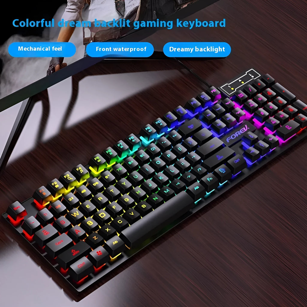 Black 104-key backlit keyboard and optical mouse set with 1.5m USB cable on desk
