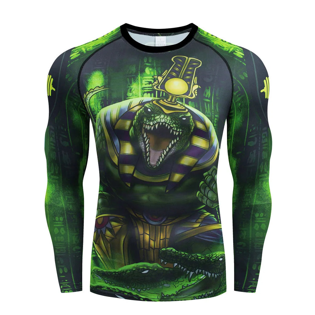 Man wearing a slim-fit, long-sleeve printed sports suit for running or fitness exercise.