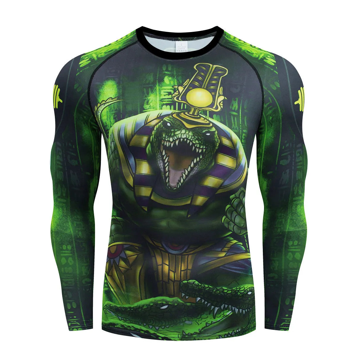 Man wearing a slim-fit, long-sleeve printed sports suit for running or fitness exercise.