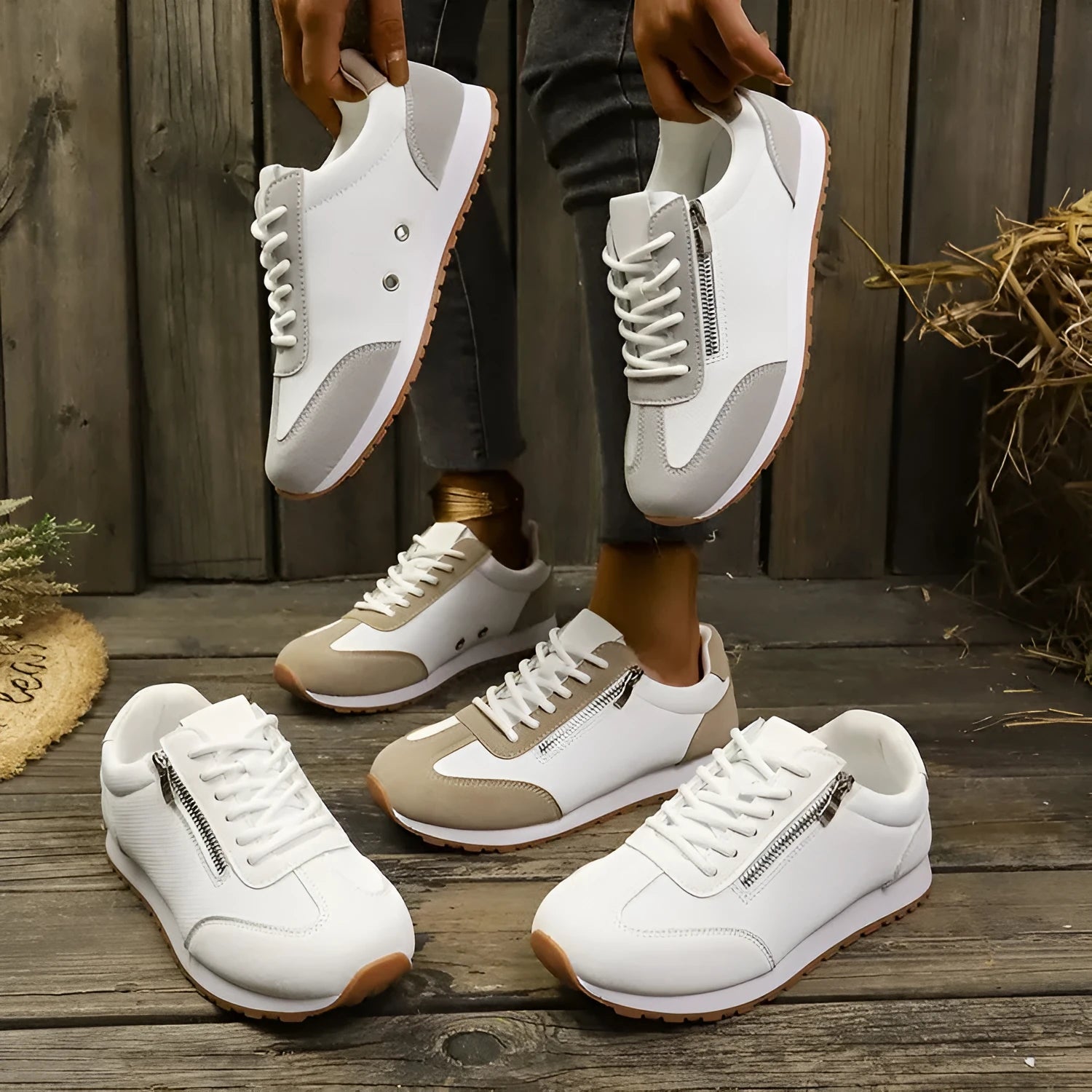Women's flat-heeled shoes in grey, white, and champagne colours with rubber sole and PU upper