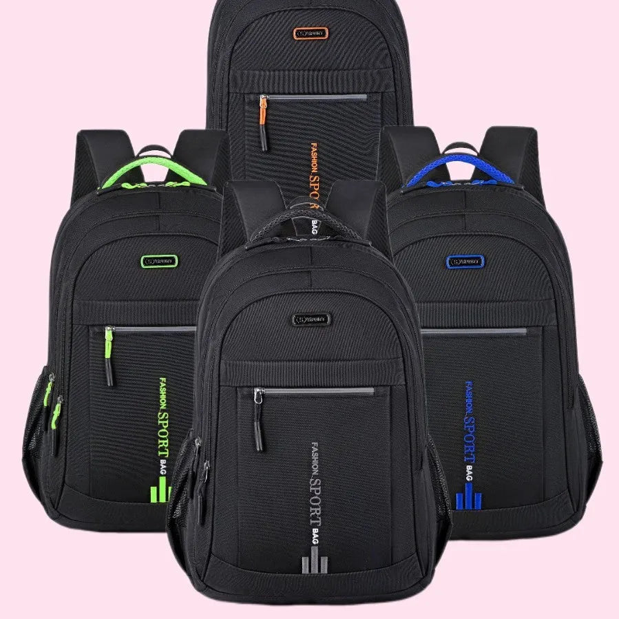 Oxford cloth business backpack with airpillow straps showing 20-35L capacity and sewing line detailing