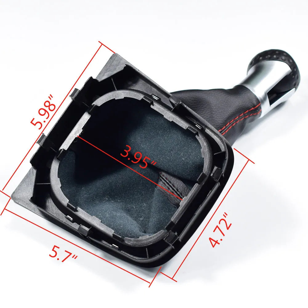 Black leather manual gear knob with dust boot for Volkswagen Golf 5, 6 and 7 models.