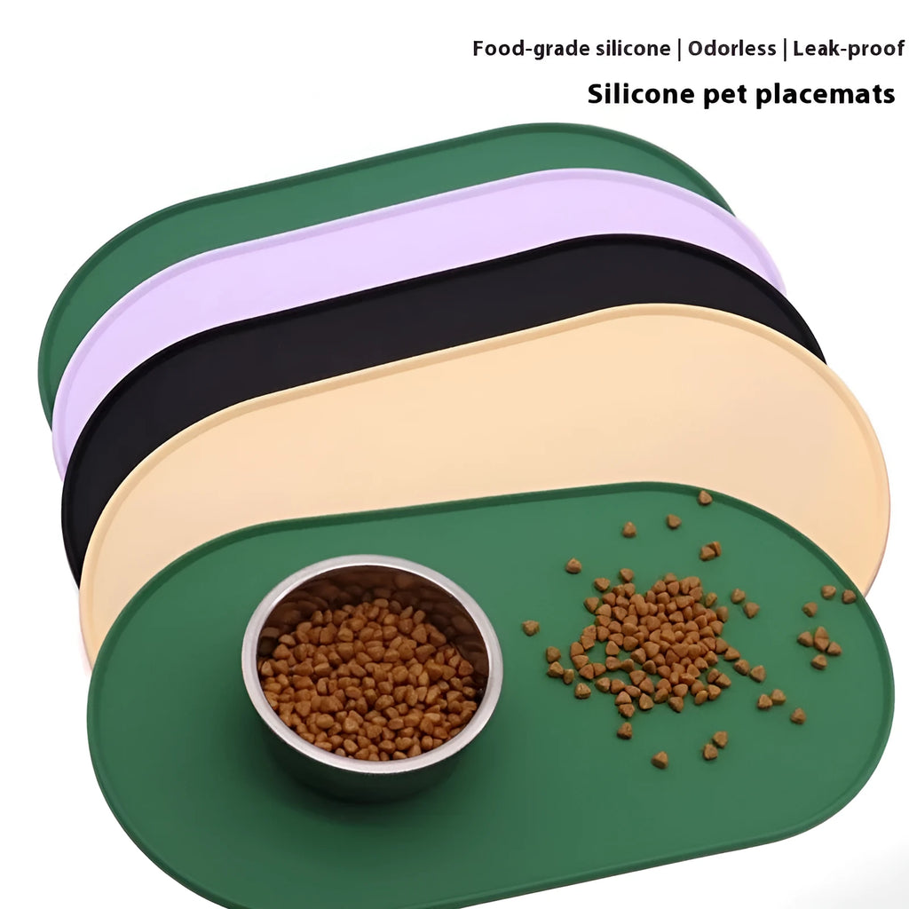 Silicone waterproof cat feeding placemat in beige colour showing placement beneath food bowl
