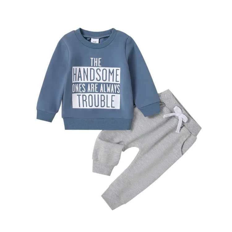 Navy blue casual round neck letter print sweater trousers suit for baby boys, cotton knitted pullover set on white background