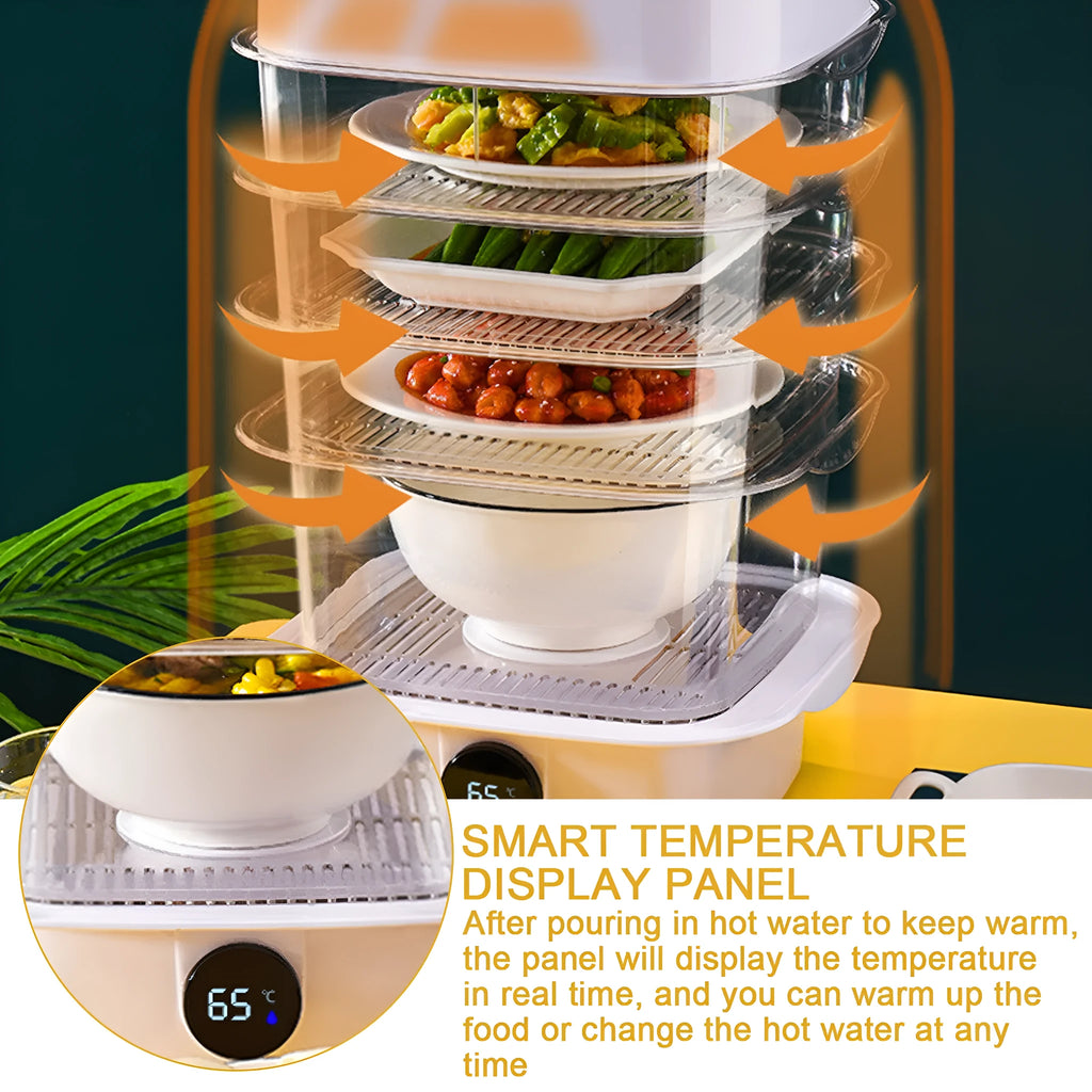 Plastic multi-layer dish cover in white with temperature display on dining table