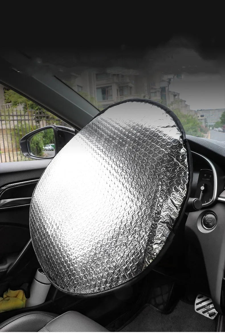 Aluminium foil steering wheel sunshade cover with brand logo pattern for universal fit