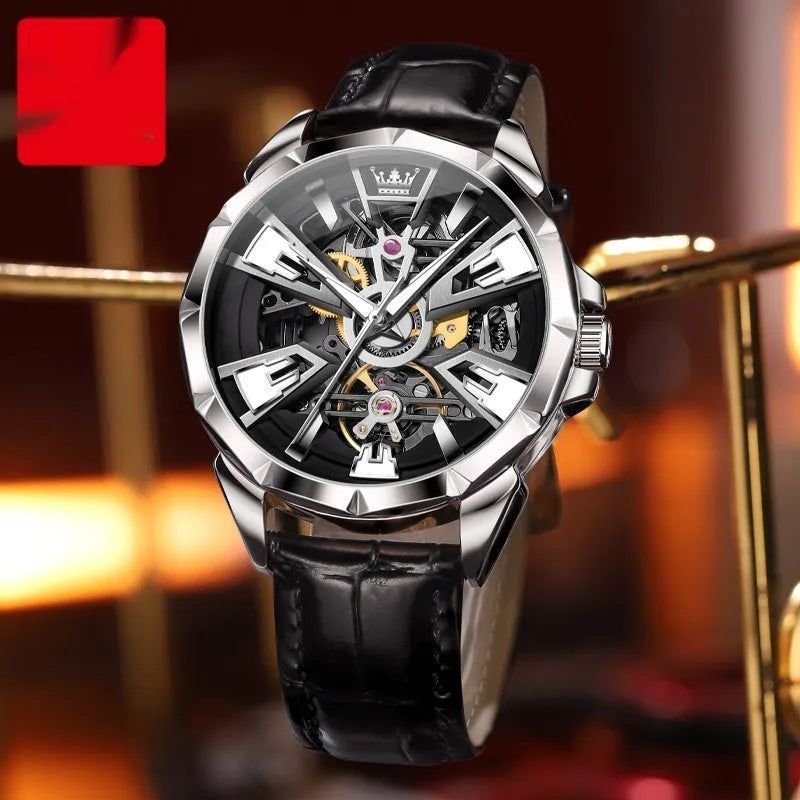 Men's automatic mechanical watch with hollow dial design and stainless steel case