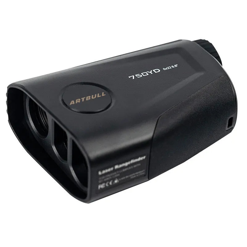 Golf laser rangefinder with LCD display showing distance measurement, USB Type-C charging port visible