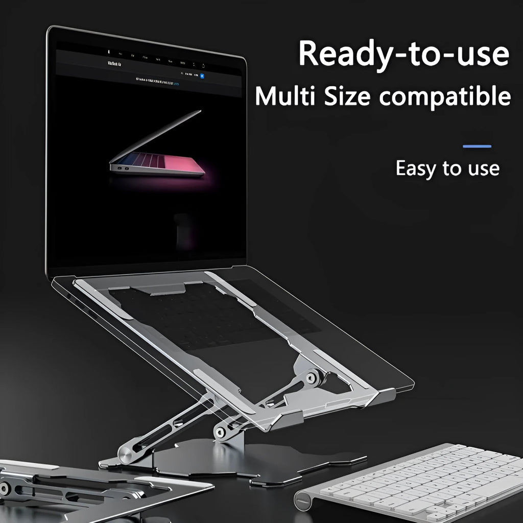 Grey adjustable aluminium laptop stand in folded and unfolded positions showing hollow design