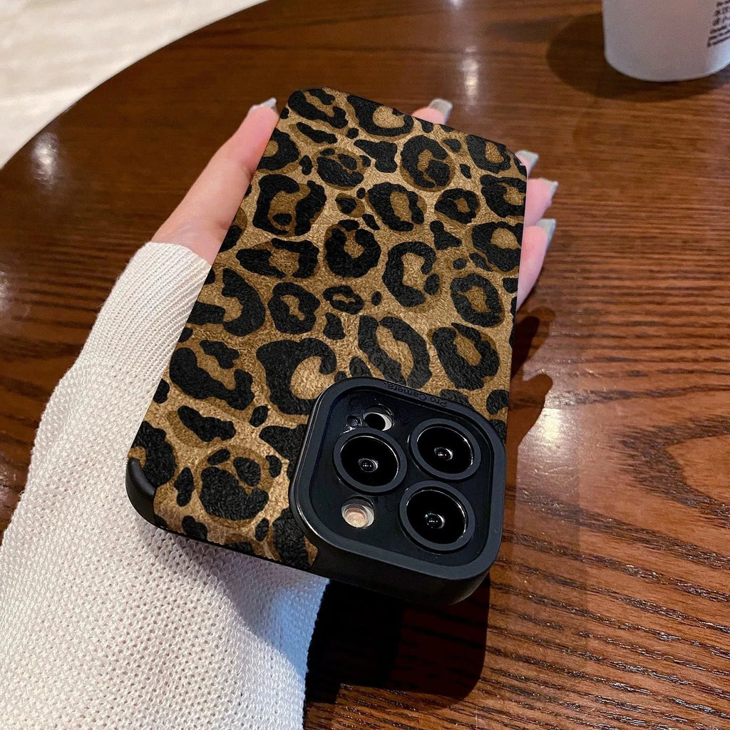 Gold leopard print all-inclusive phone case for Apple iPhone models, imitation leather, anti-fingerprint