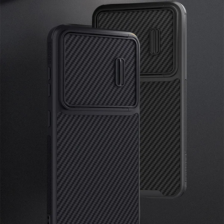 Black Samsung S23 phone case with lens cover, made from TPU, PC and carbon fibre.