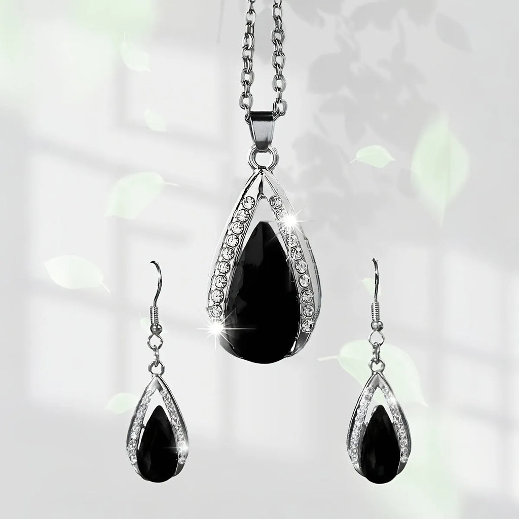 Black or red teardrop glass pendant necklace and matching earrings jewellery set
