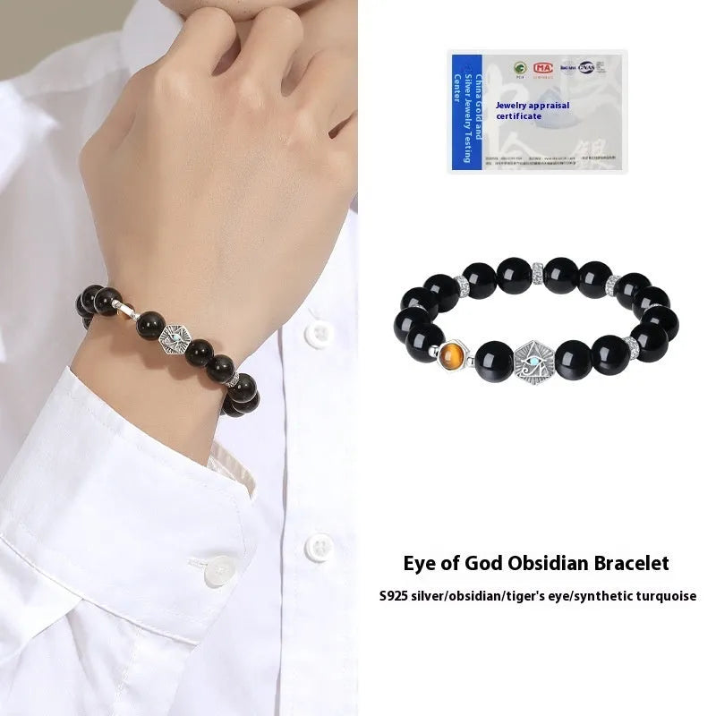 Men's retro geometric bracelet with S925 silver setting and 8mm tigereye God's Eye obsidian stone.