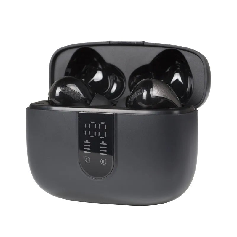 Jerry X08 wireless Bluetooth in-ear headphones in black, grey, or white with digital display and charging case.