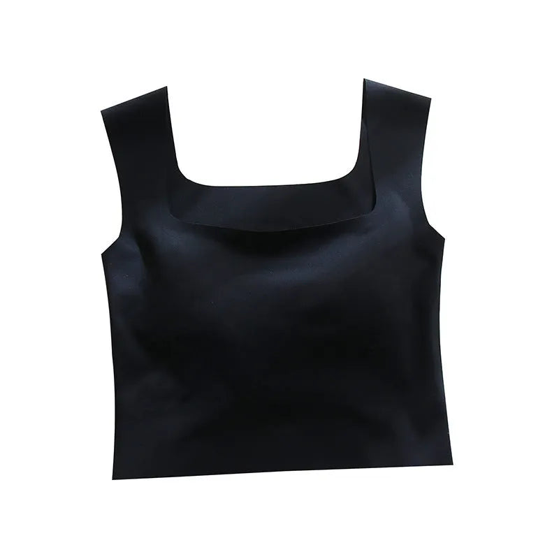 Women's non-marking seamless nylon sling vest with chest pad in light blue, shown from the back.