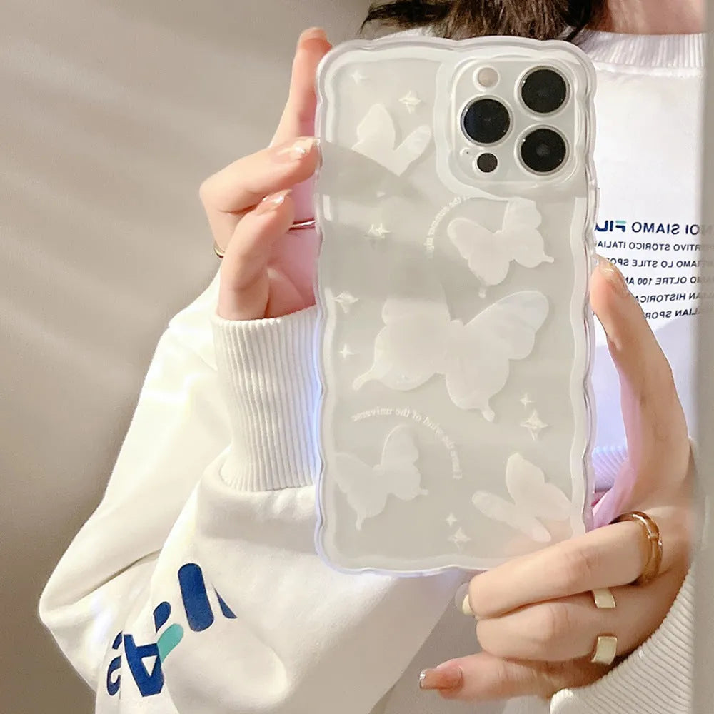 Transparent white crystal butterfly phone case in TPU for iPhone 12 to 15 models