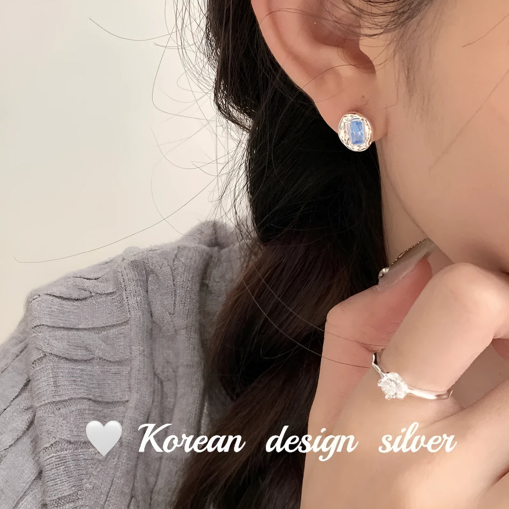 S925 sterling silver oval blue diamond heart-wrapped earrings silver colour geometric shape