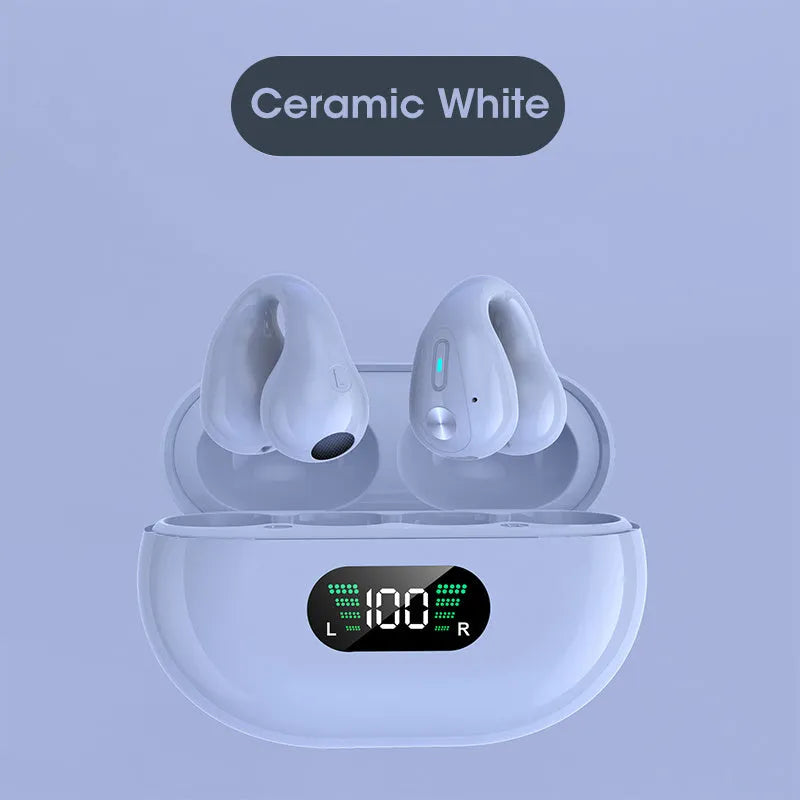 Bone conduction Bluetooth headset with ear clip design in black, white, or khaki colour options