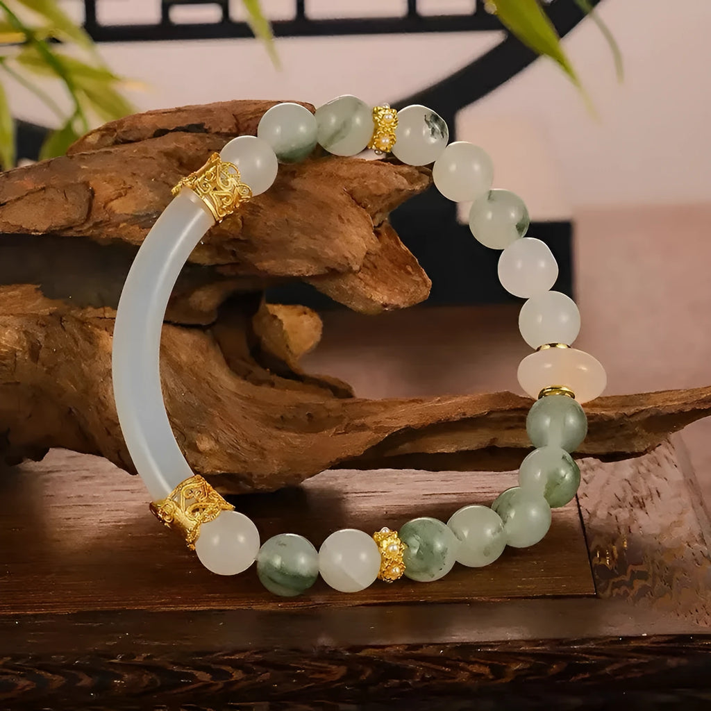 Light green emerald jadeite half bracelet with ice-like texture and round beads