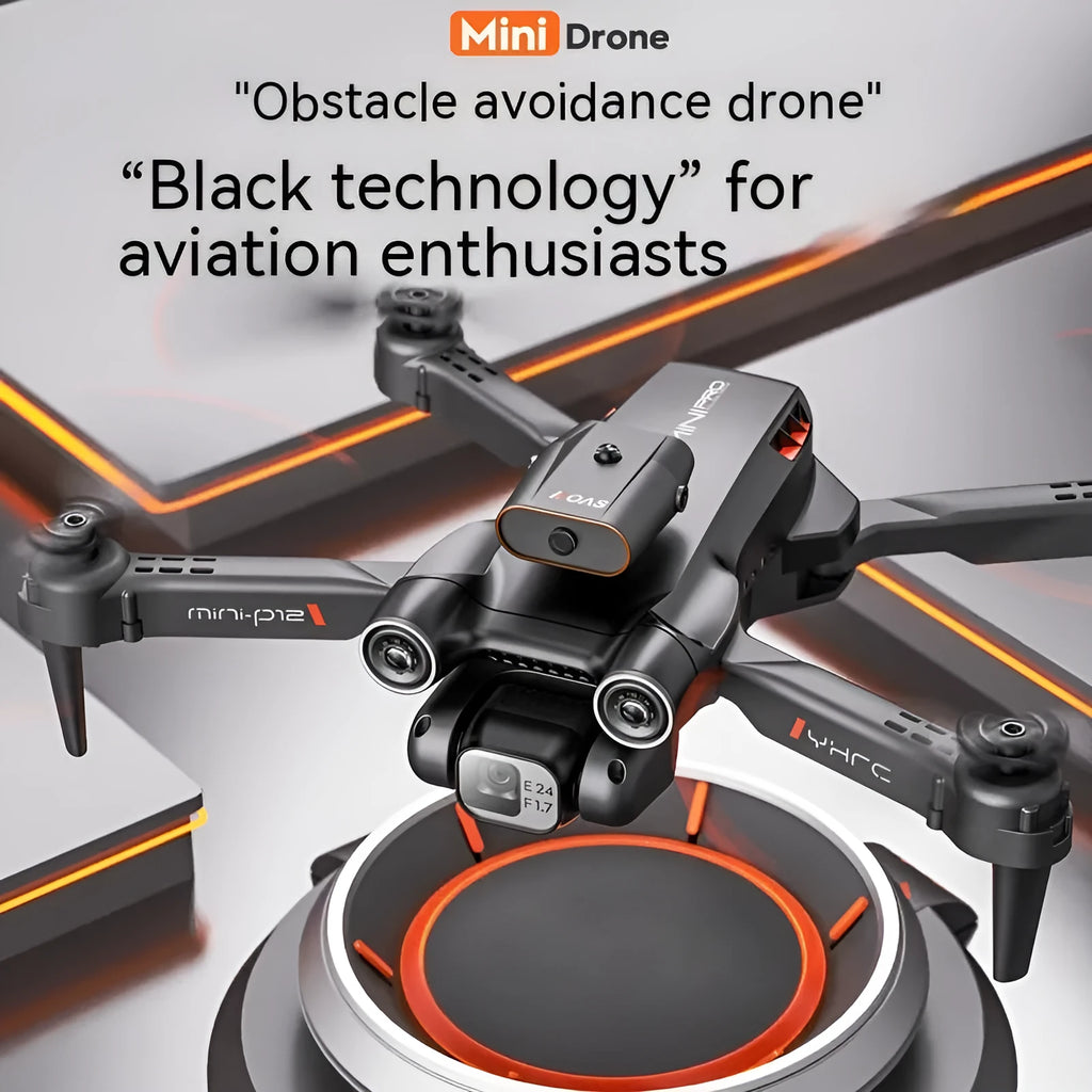 Black and orange remote-controlled quadcopter drone with four propellers, shown folded and unfolded.