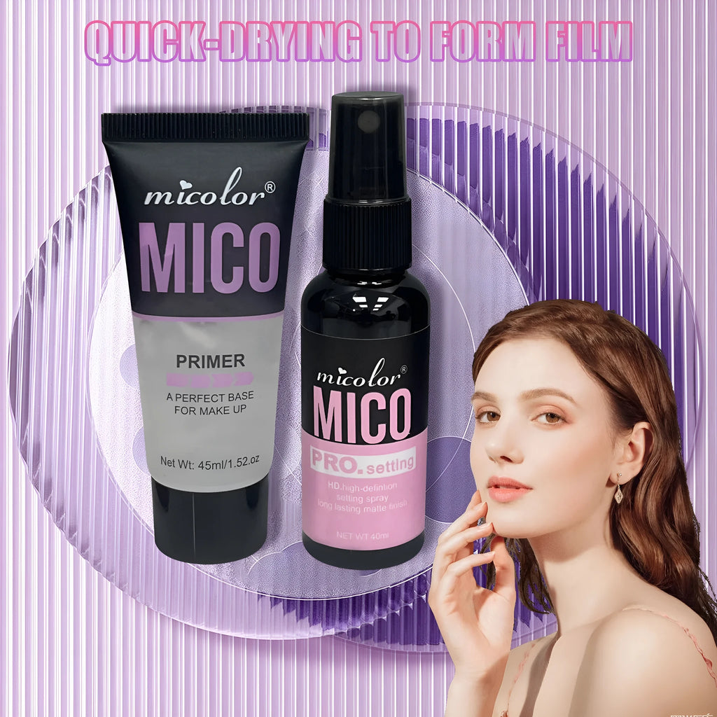 Two cosmetic spray bottles: a 45ml makeup primer and a 40ml makeup setting spray.